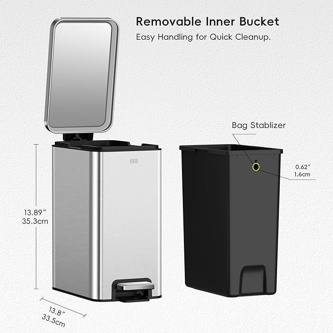 EKO Small Bathroom Trash Can with Lid Soft Close Step Pedal 10 Liter / 2.6 Gallon Stainless Steel Garbage Can with Removable Inner Bucket Anti-Fingerprint Finish (Silver)