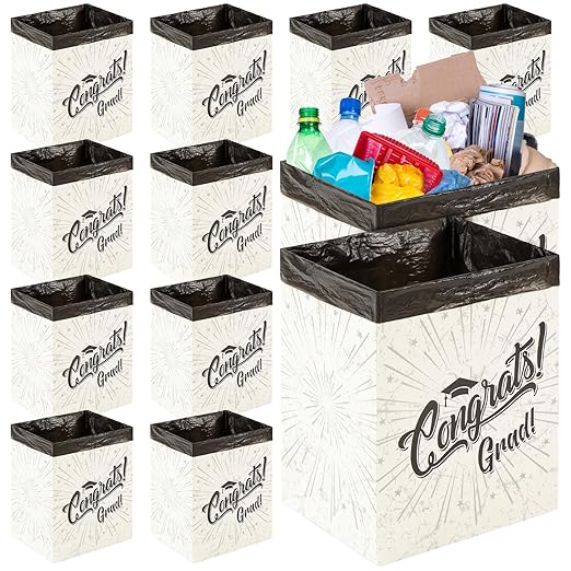 12 Pcs Graduation 13 Gallon Disposable Trash Cans Graduation Trash Bins with 15 Pcs Garbage Bag 1 Roll Double Sided Tape Graduation Disposable Garbage Can for Graduation Party