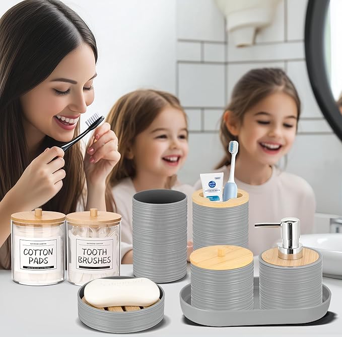 IMAVO Bathroom Accessory Set-11Pcs Grey Bathroom Accessories Set with Trash CanSoap DispenserSoap DishToothbrush HolderToothbrush CupToilet Brush HolderQtip Holder Dispenser with Labels