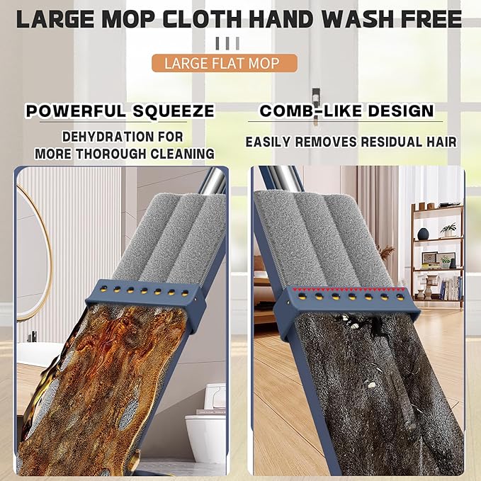 2025 New Large Flat Mop with 6 Reusable Mop Head Dry and Wet Flat Mop and Bucket Set Adjustable Handle Self Wringing Flat Mops 360 Rotation Flat Mop (White with 6pcs Mop Head)