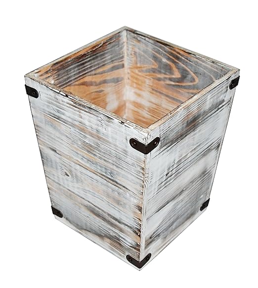 Owlgift Decorative Rustic Whitewashed Wood Trash Can Farmhouse Stylish Wooden Waste Basket Near Desk Square Garbage Cans Trashcan with Metal Brackets for Office Bedroom &amp Bathroom