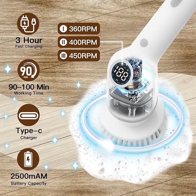 Electric Spin Scrubber: Cordless Shower Scrubber with 8 Replaceable Brush Heads- 3 Adjustable Speeds- Adjustable Extension Handles- Power Cleaning Brush for Bathroom- Floor- Tile