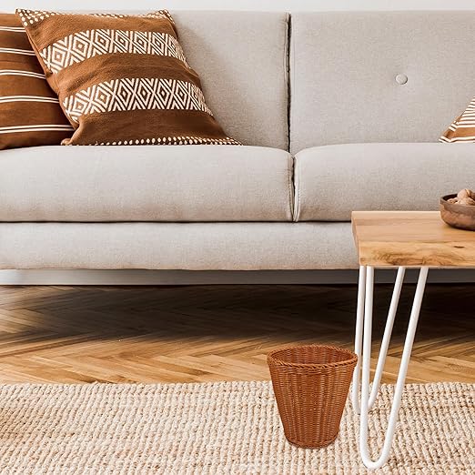 Lurrose Woven Storage Basket with Lid Round Desktop Trash Can Multipurpose Sundries Container in Brown Imitation Rattan Wastebasket for Home Office Organization