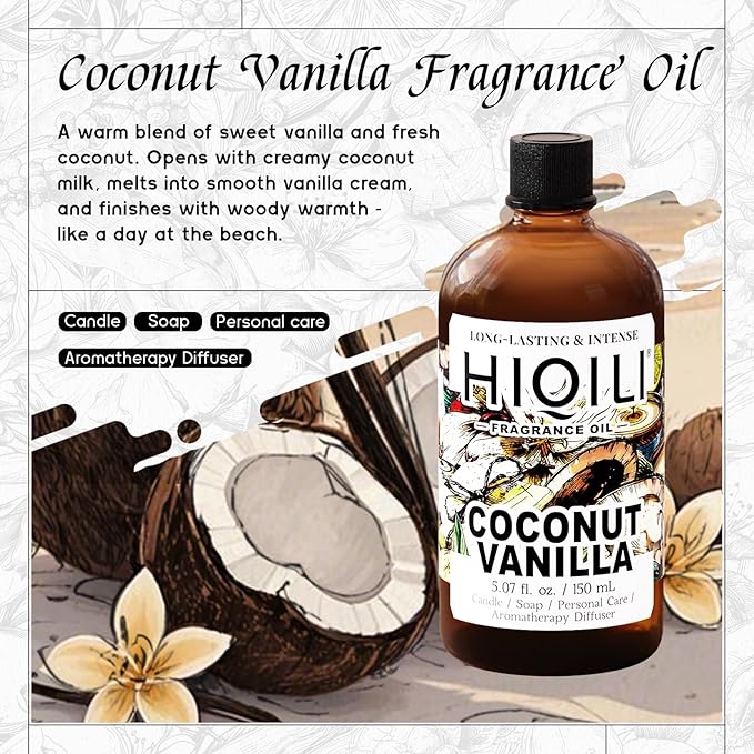 HIQILI Coconut Vanilla Fragrance Oil - for Candle Making Soap Making Essential Oil for Diffuser Humidifier Home&amp Hotel &amp Car Use - 5.07 Fl Oz