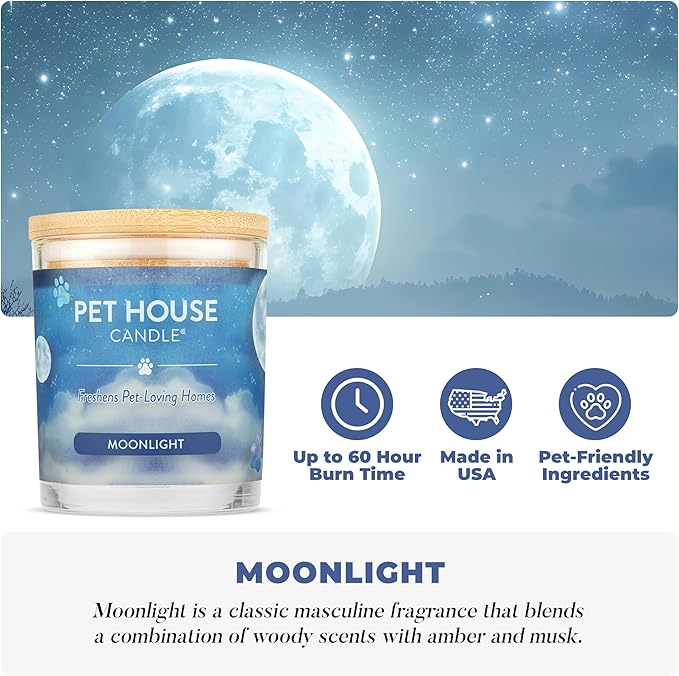 One Fur All Pet House Candle Plant-Based/Soy - Clean Burning Scented Long Lasting Pet Odor Candle for Home - Moonlight