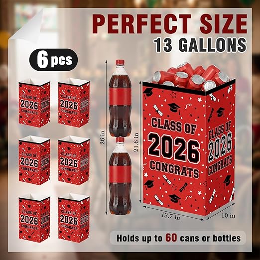 Tinlade 6 Pack 2026 Red and Black Graduation Decorations 13 Gallon Disposable Trash Cans Class of 2026 Party Garbage Bins Large Waterproof Foldable Recycle Pop up Bins for Graduation Party School