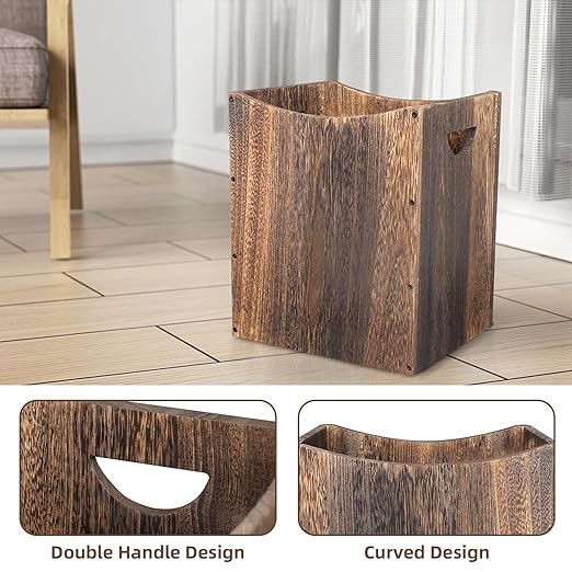2 Pack 5 Gallon Wooden Trash Can Curved Design Office Waste Basket Rectangular Farmhouse Garbage Can Brown Vintage Wood Trash Can Storage Basket With Handles for Bedroom Office Decorative