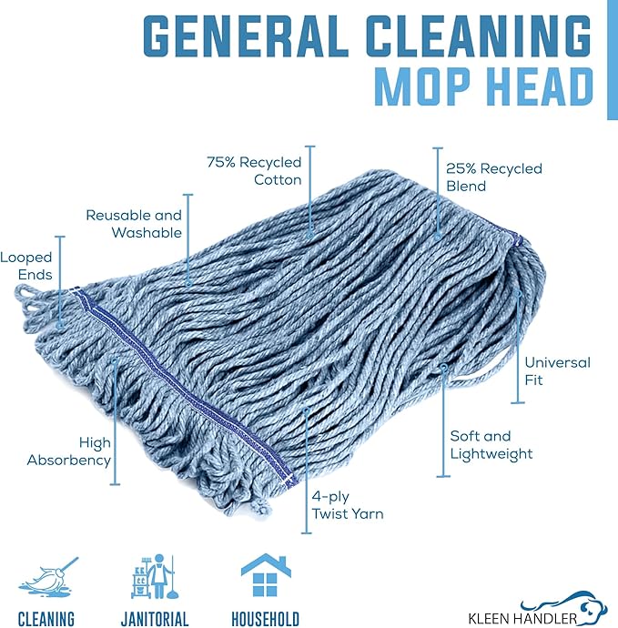 KLEEN HANDLER HEAVY DUTY Commercial Mop Head Replacement Wet Industrial Blue Cotton Looped End String Cleaning Mop Head Refill (Pack of 6)