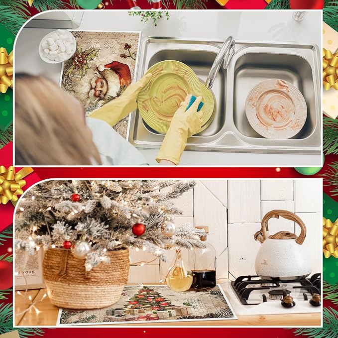 Meanplan Set of 6 Christmas Dish Drying Mats for Kitchen 24x 16 Retro Xmas Kitchen Accessories Santa Berries Rectangle Table Mats Washable Absorbent Drainer Draining Dry Pad for Christmas Home Decor