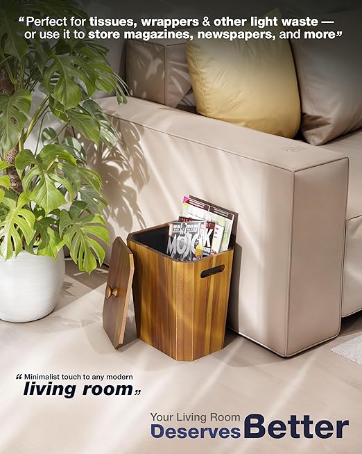 BLUEWEST 2.6 Gallons Acacia Wooden Wastebasket with Lid &amp Plastic Bin – Small Trash Can for Bathroom Bedroom Office – Decorative Wood Bin with Handle for Under Counter Use