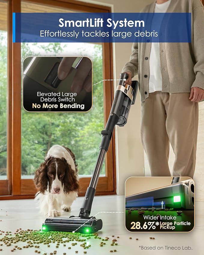 Tineco Pure ONE A90S Cordless Vacuum Cleaner 270AW Powerful Suction Up to 105min Runtime 3DSense Master Brush 150° Green LED Light Stick Vacuum Cleaner for Pet Hair Carpet &amp Hard Floor