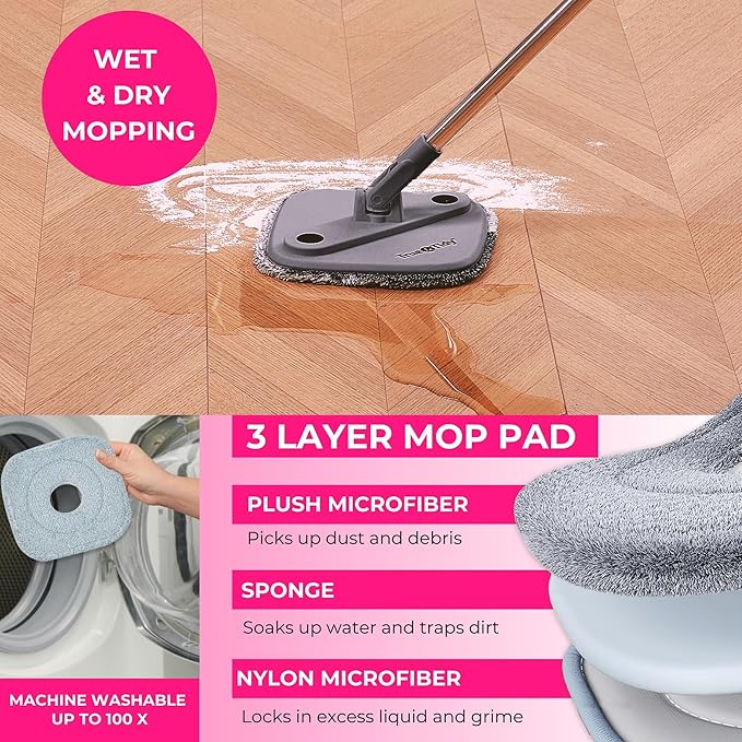 Heavy Duty Square Spin Mop for Floor Cleaning Separate Compartment for Clean and Dirty Water Use Any Cleaning Solution Self Cleaning Machine Washable Pads