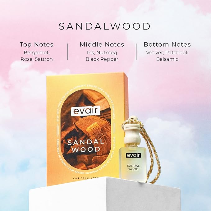 Evair Combo Pack of Car Air Freshener with Essential Oils Fragrances Cool Water Sandalwood &amp Gardenia in Glass Bottle with Wooden Diffuser Lid | Each 10 ml- Pack of 3 white