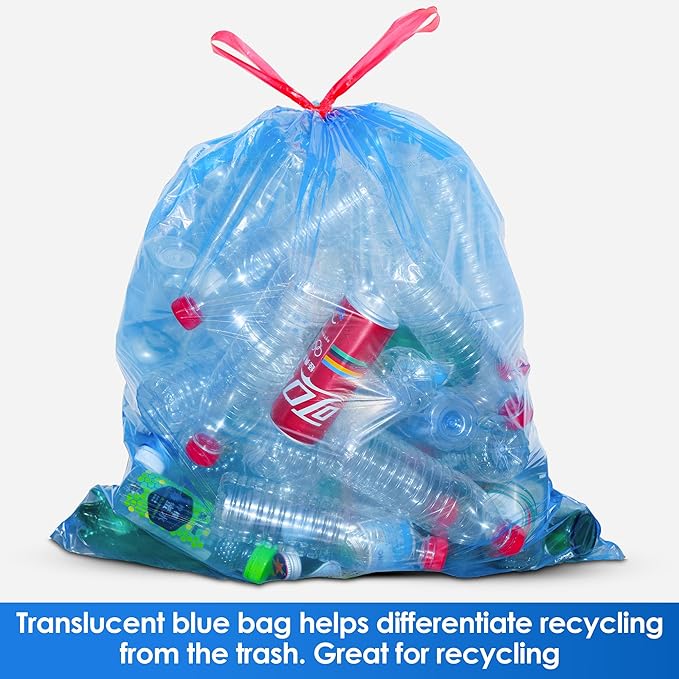 13 Gallon Recycling Trash Bags Unscented 200 Count Drawstring Tall Kitchen Garbage Bags Pre-Separated Ultra Strong Leakproof Sturdy Translucent Blue