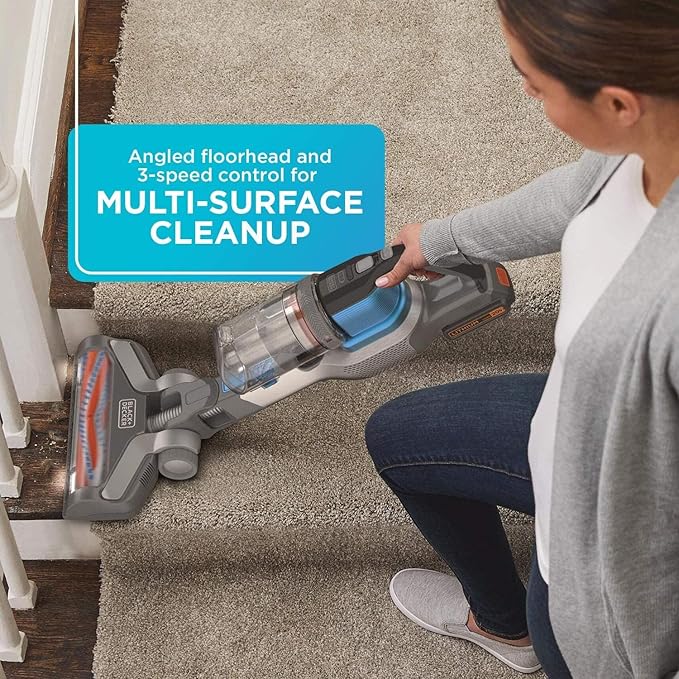 BLACK+DECKER Cordless Vacuum Powerseries Extreme Stick Vacuum Cordless Rechargeable Interchangeable Floorhead with Crevice Attachment 3 Speed Control Lightweight Blue (BSV2020G)