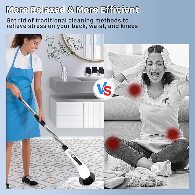 Electric Spin Scrubber Cordless Cleaning Brush Shower Scrubber with 7 Replaceable Brush 2 Speeds and Adjustable Extension Handle for Bathroom Shower Bathtub Glass Car(White)