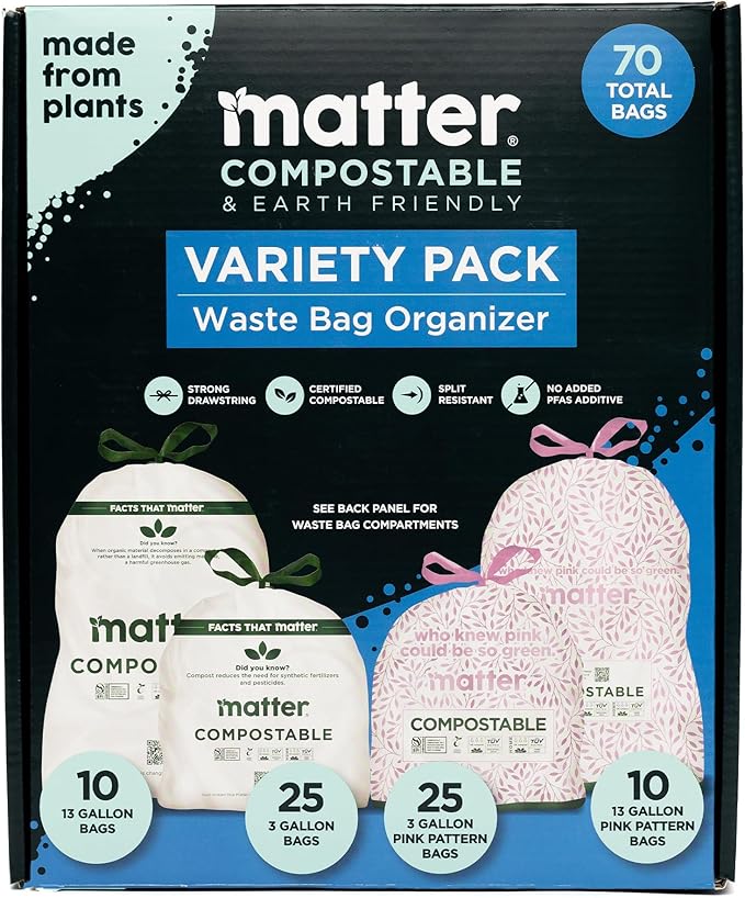 Matter Compostable Variety Pack 3 Gallon and 13 Gallon Kitchen Trash Bags with Drawstring Unscented Durable Leak-Resistant Eco-Friendly 70 Count