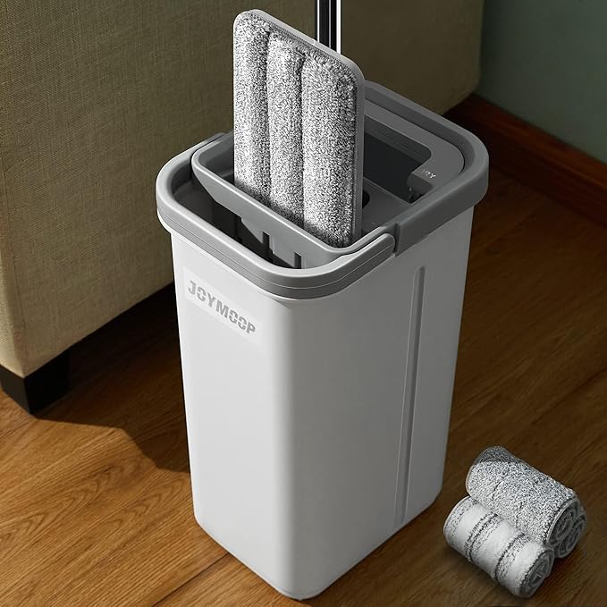 JOYMOOP Mop and Bucket with Wringer Set Hands Free Flat Floor Mop and Bucket with 3 Washable Microfiber Pads Wet and Dry Use Floor Cleaning System