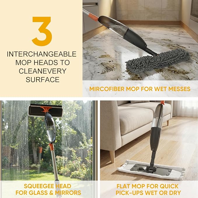 3-in-1 Upgraded Spray Mops for Floor &amp Window Cleaning with 3pcs Pads - Broom/ Mop/ Window Squeegee Wet Dry Microfiber Mop with 520ml Bottle for Kitchen Wood Floor Hardwood Ceramic Tile Dust Clea