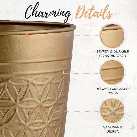 Autumn Alley Antique Gold Trash Can Hand Crafted Bin Round Bathroom Trash Can Open-Top Gold Garbage Can for Bedroom Home Office - Modern Waste Basket Stylish Metal Modern Bathroom Décor