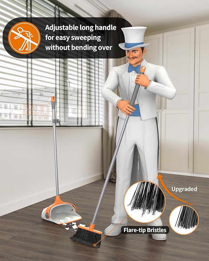 MR.SIGA Broom and Dustpan Set with Long Handle Stand Upright Broom with Dustpan Combo for Cleaning Office Garage Lobby Lightweight Sweeping Set 51.7(131 cm) Long Handle White &amp Orange