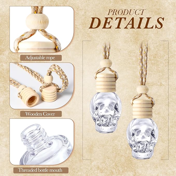 BBTO 200 Pcs Hanging Car Diffuser Bottles Bulk Empty Clear Glass Air Freshener Bottles with Wooden Cap for Perfume Essential Oils Fragrance Aromatherapy Ornament(Skull)