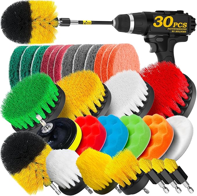 Holikme 30Pack Drill Brush Attachments SetScrub Pads &amp Sponge Power Scrubber Brush with Extend Long Attachment All Purpose Clean for Grout Tiles Sinks Car Polishing Pads