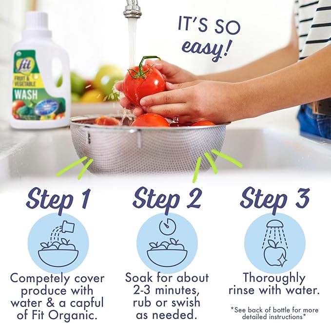 Fit Organic Soaker Produce Wash – USDA Certified Organic &amp Kosher Fruit and Vegetable Cleaner – Removes 98% Pesticides Wax &amp Contaminants – Family &amp Pet Safe Chemical-Free – 32 Oz (2-Pac