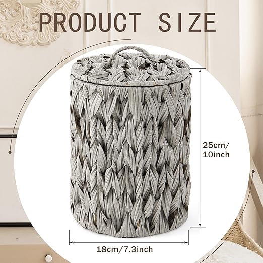 Ctosree 1.3 Gallons Small Trash Can with Lid Handle Boho Woven Braided Bathroom Waste Basket Trash Can with 100 Garbage Bags for Bedroom Office Laundry(GreyBraided PolypropyleneRound)