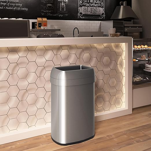 iTouchless 16 Gallon Oval Open Top Trash Can and Recycle Bin with Dual AbsorbX Odor Filters Slim Space-Saving Large Capacity Commercial Grade for Home Office Garage Business Stainless Steel