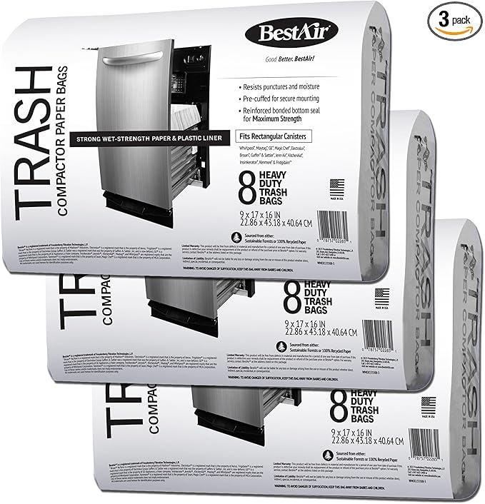 BestAir WMCK133508-3 Heavy Duty Trash Compactor Bags 16'' D x 9'' W x 17'' H 24 Count (Pack of 3) Brown