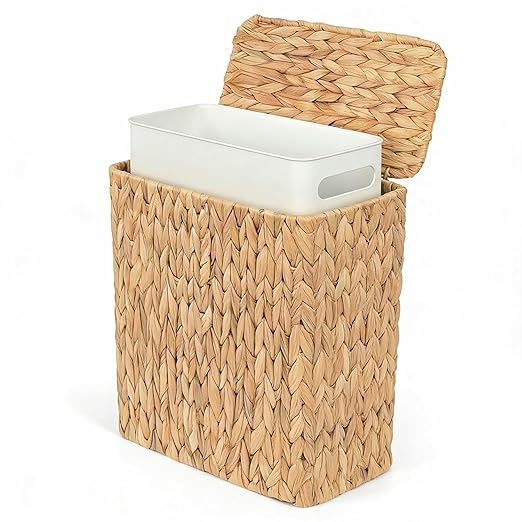 Wicker Trash Can3 Gallon Bathroom Trash Can with LidNatural Water Hyacinth Wicker Waste Basket with Removable Liner for Bedroom Toilet Narrow Spaces