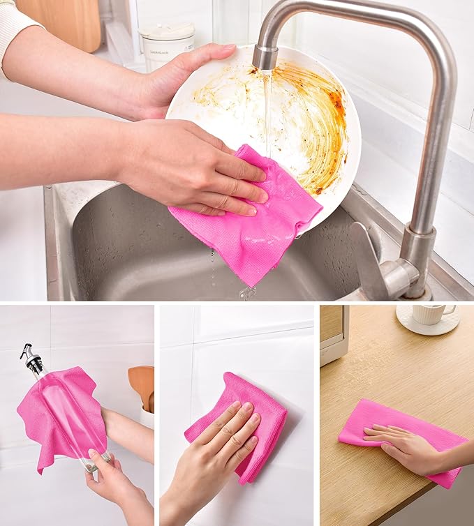 KitchLife Microfiber Cleaning Cloth Roll 100 Pack - Tear-Away Microfiber Paper Towels Lint-Free Reusable Washable for Kitchen Car Dishes and Sensitive Surfaces (Hot Pink)