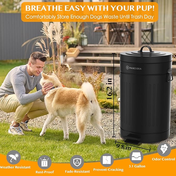 PAWZIDEA Dog Poop Trash Can Outside Odor Control 3.1 Gallon Outdoor Trash Can with Lid Waterproof Pet Waste Disposal Container Small Poop Bin Step Garbage Can 7.8in Activated Carbon Filter Black
