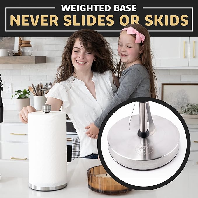 Heavy-Duty Stainless Steel Paper Towel Holder - Easy One-Handed Tear with Suction Cups - Modern Weighted Standing Countertop Dispenser for Kitchen - Holds All Paper Towel Rolls Silver
