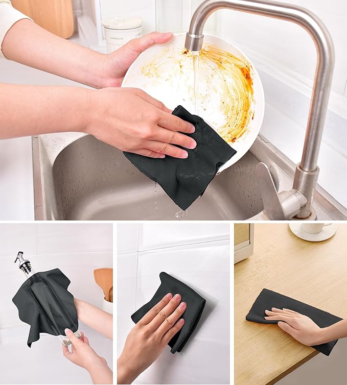 KitchLife Microfiber Cleaning Cloth Roll 100 Pack - Tear-Away Microfiber Paper Towels Lint-Free Reusable Washable for Kitchen Car Dishes and Sensitive Surfaces (Black)