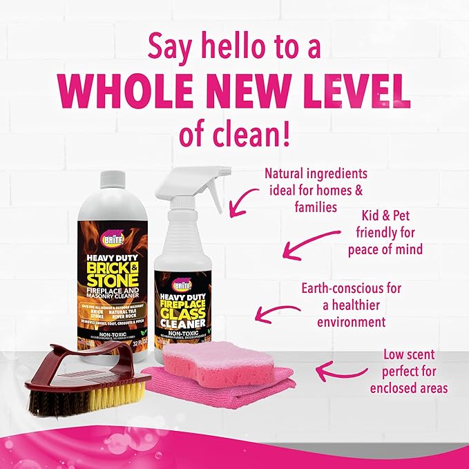 Quick 'n Brite Fireplace Cleaning Kit – Includes 16 oz Fireplace Glass Cleaner 32 oz Gel Fireplace Cleaner Scrub Brush Sponge and Microfiber Towel