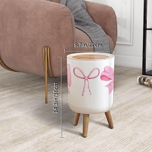 Trash Can with Lid Pink bow coquette y2k aesthetic ribbon elegant accessory pastel tie Press Cover Round Small Garbage Bin with Wooden Legs Waste Basket for Girls Bedroom Nursery 7L/1.8 Gallon