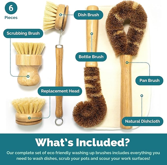 Jungle Culture® 6 Pack Bamboo Dish Brush Set for Washing Up • Natural Wooden Dish Brushes for Pans &amp Dishes • Eco Friendly Dish Scrubber for Bottles Pots &amp Vegetables • Non Toxic &amp Plasti
