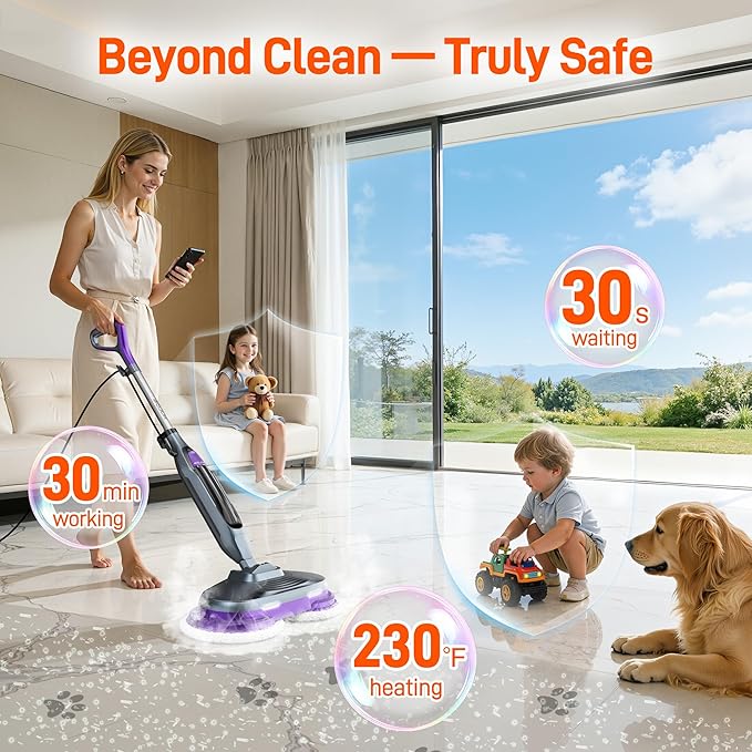 Scrub &amp Steam Mop with Rotating Mop Pads LED Headlights 6 Scrub Pads Large Tank Swivel Steering Effortless Scrubbing Hard Floor Cleaner Upgraded