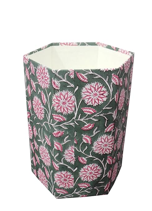 Generic Floral Hand Block Print Paper Dustbin Cotton Printed Wastebasket Indian Vintage Home Decor Hotel Room Decor (1 Green Pink)