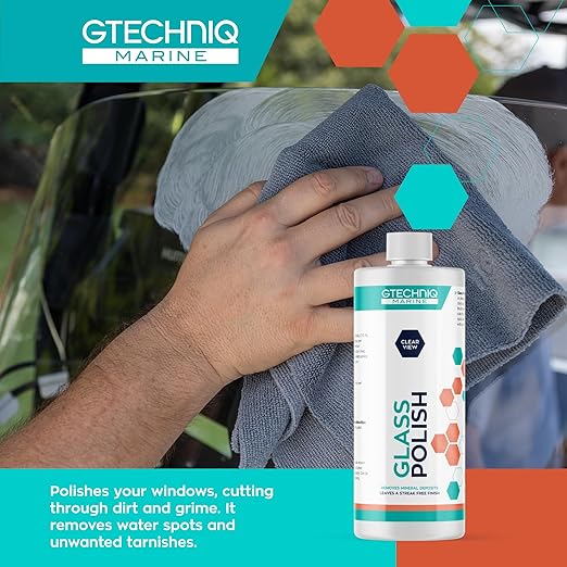 Gtechniq Marine Glass Polish for Boats 8.5 fl oz | Fast-Acting Hydrophobic Formula Removes Minerals Salt Deposits Water Spots and Dirt from Glass and Plexiglass Smear and Scratch-Free Finish