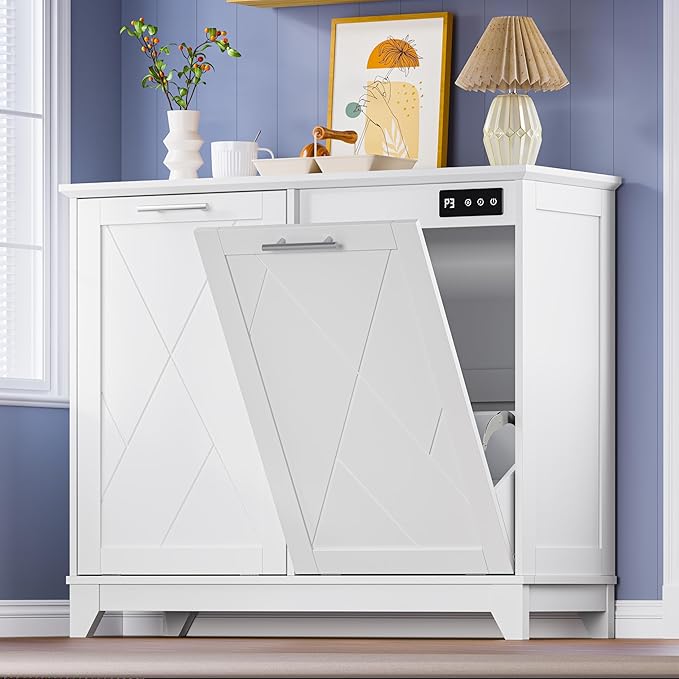 Tilt Out Trash Can Cabinet for 2 Bins Hidden Recycle Garbage Bin Enclosure Wooden Double Laundry Cabinet with Odor Control Negative Ion &amp Ozone for Kitchen Bathroom Laundry Room