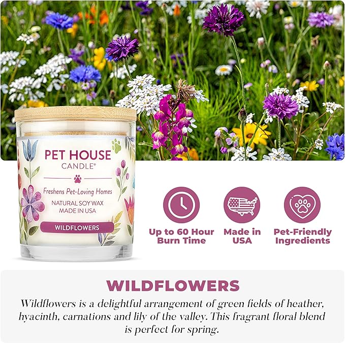 Pet House Candles Plant-Based Long Lasting Clean Burning Scented Pet Odor Candles 60 Hour Burn Time - Wildflowers 9 oz