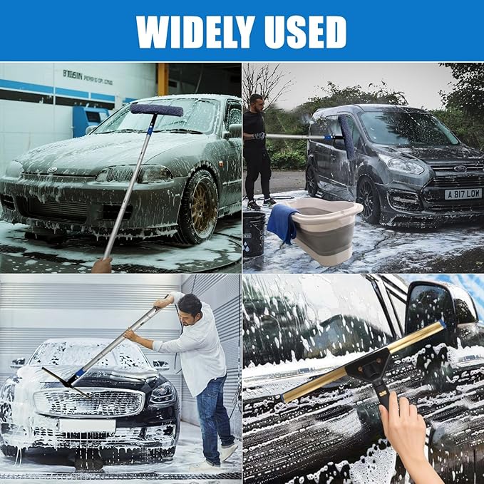 Pro Window Cleaning Kit with Storage Bucket with 4 13 inch Extension Rods Scrubber Spray Bottle Rag and Scraper with Rotating Head - Car/Home Glass Cleaning System