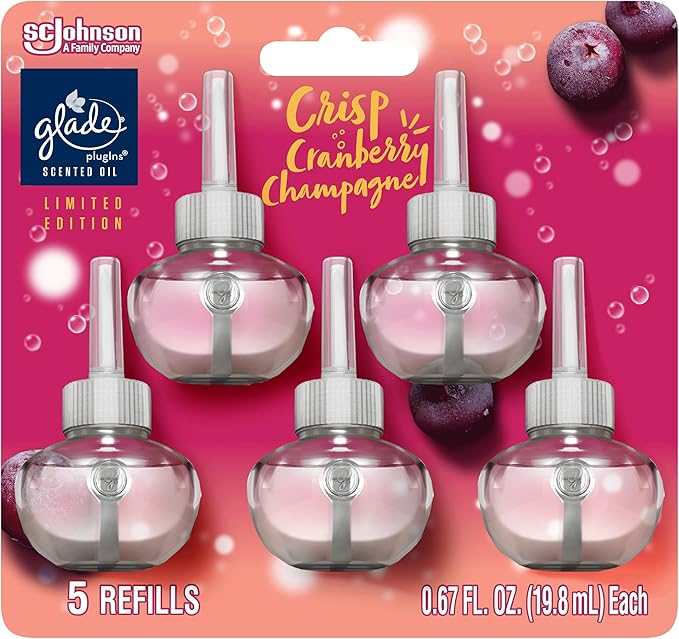 Glade PlugIns Refills Air Freshener Scented and Essential Oils for Home and Bathroom Crisp Cranberry Champagne 3.35 Fl Oz 5 Count