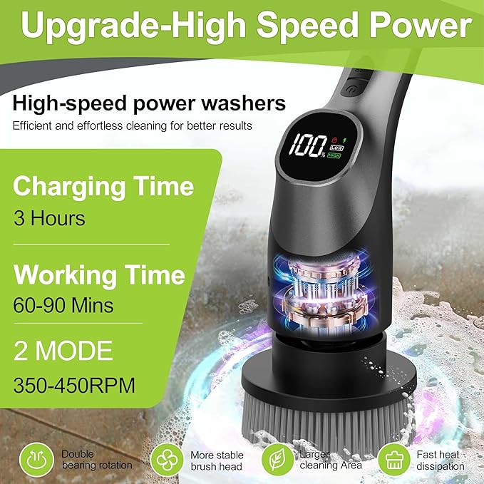 WKY-G3-Electric Spin Scrubber - Upgraded 10-in-1 IPX7 Waterproof Shower Cleaner Brush Retractable Handle &amp 2-Speed for Toilet Bathroom Bathtub Tile Floors Black