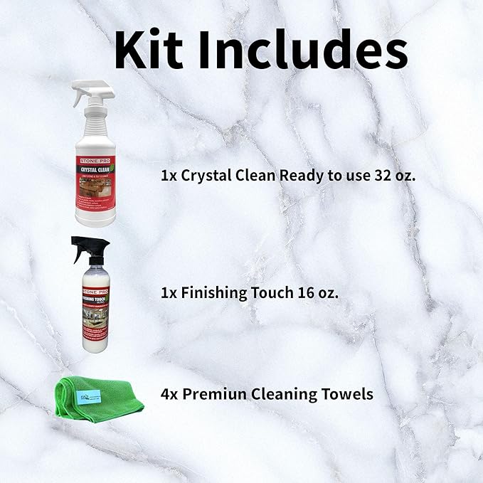 Stone Pro Marble and Granite Cleaning Kit – Premium Cleaning &amp Polishing Solution with Crystal Clean Finishing Touch &amp Cleanning Towels