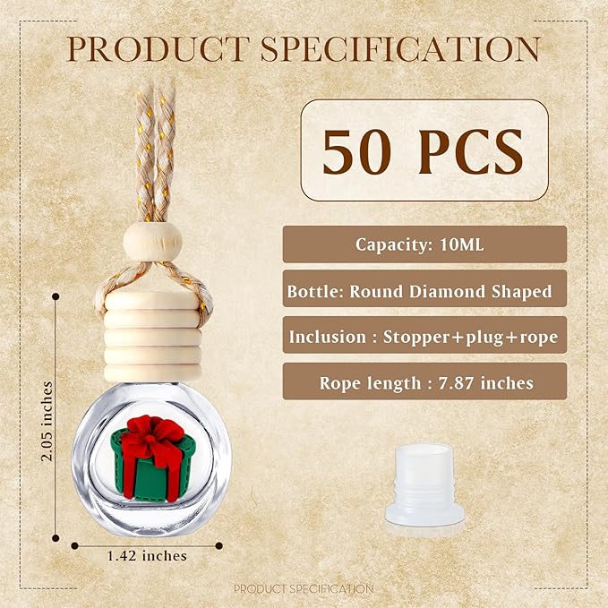 BBTO 50 Pcs Hanging Car Air Freshener Car Diffuser Bottles Bulk Christmas Empty Glass Perfume Bottle Freshener Clear Diffuser Bottle Pendant for Essential Oil Fragrance Aromatherapy Bottles Ornament