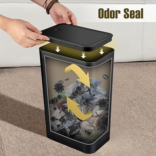 TrashAid 2 Pack Bathroom Trash Can with Lid 2.6 Gallon / 10 Liter Small Garbage Can with Press Top Lid Plastic Wastebasket with Pop-up Lids for Toilet Office Bedroom Living Room Black